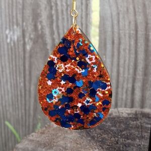 Hand Crafted Orange and Blue Glitter Teardrop Earrings